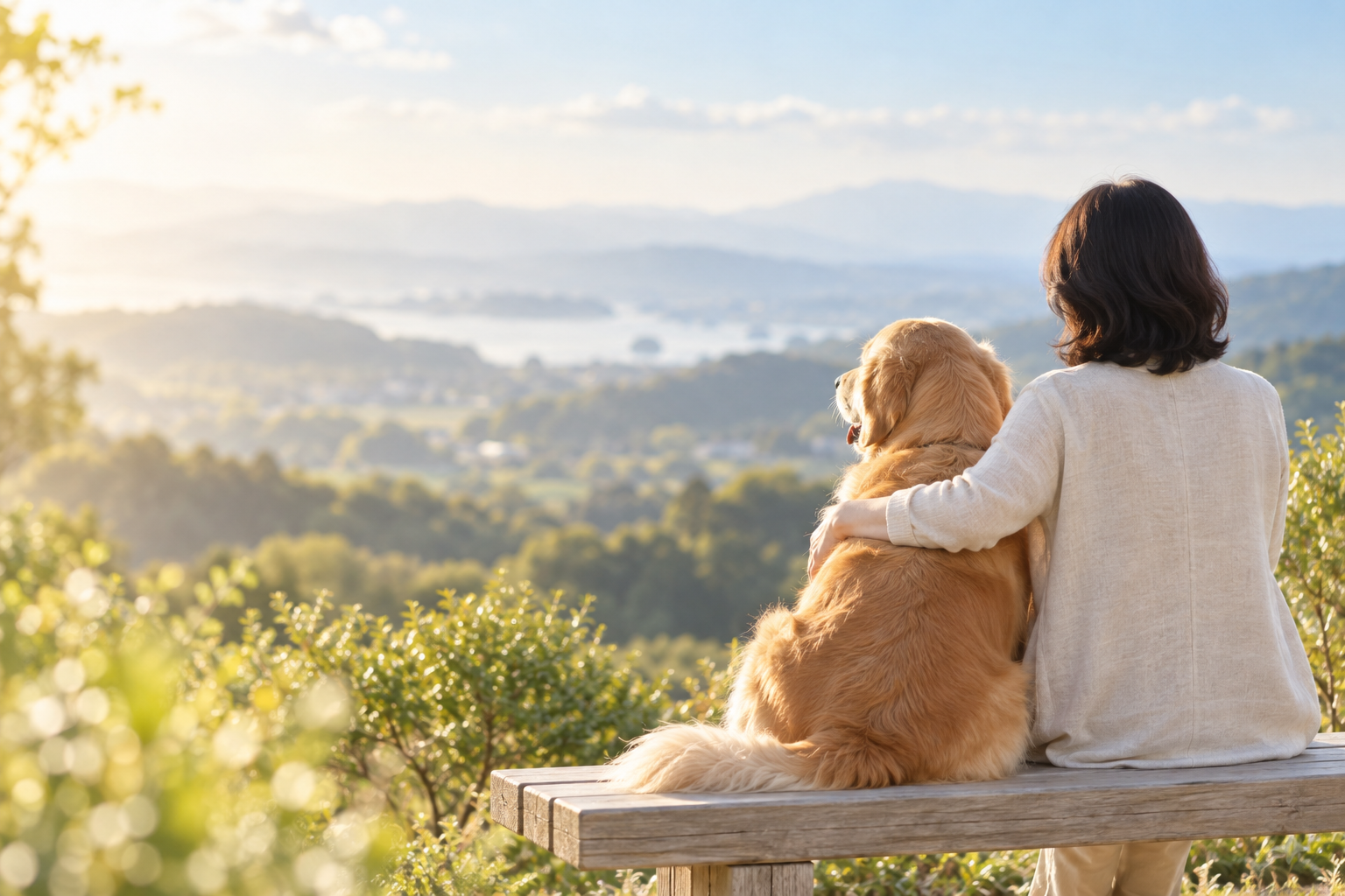 見晴らしのよい丘のベンチで、犬の肩を抱いて景色を眺める女性の後ろ姿（生成イメージ。実在の代表・お客様ではありません）