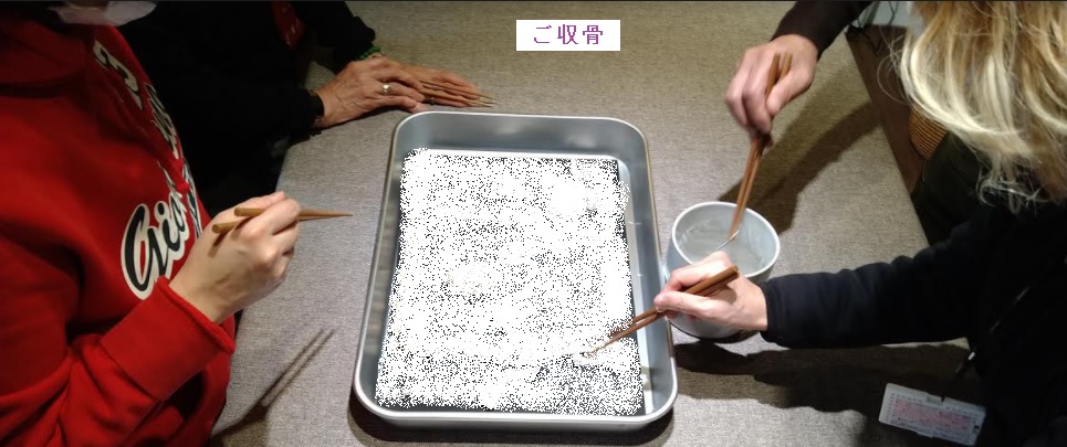 室内でトレーに整えたご遺骨をご家族がお骨上げする様子